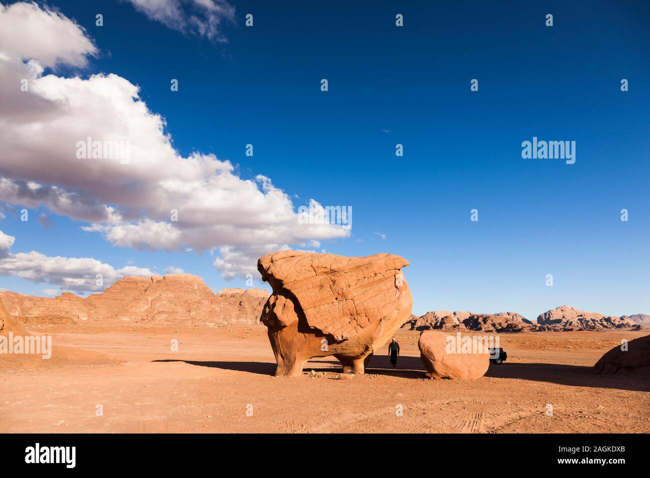 Il Wadi Rum, Gallina e chick rock, rock di pollo, da erosione naturale, Giordania, Medio Oriente e Asia Foto Stock