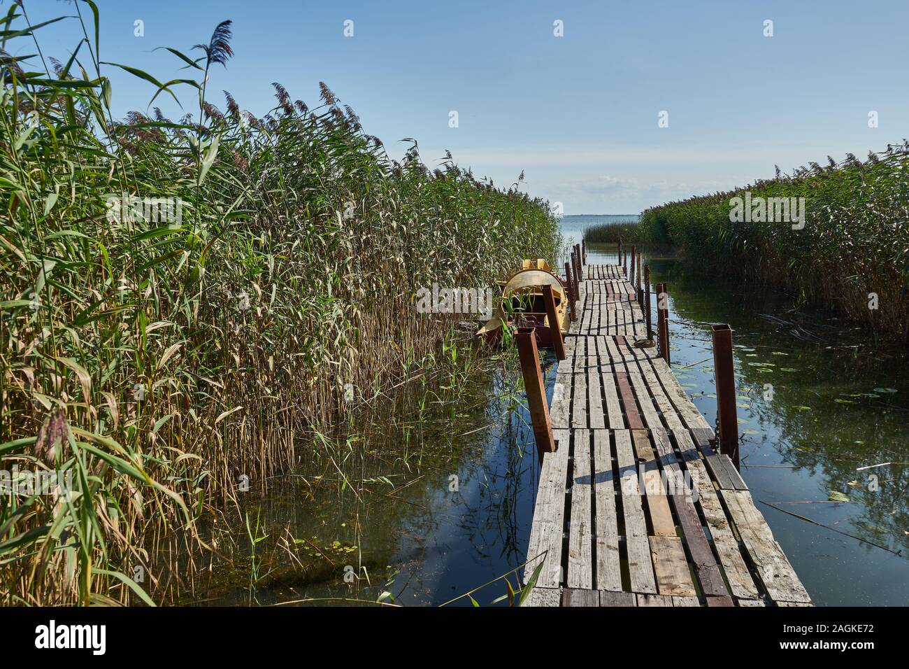 Bootssteg, Kurische Nehrung, Kurisches Haff, l'oblast di Kaliningrad , Russland Foto Stock