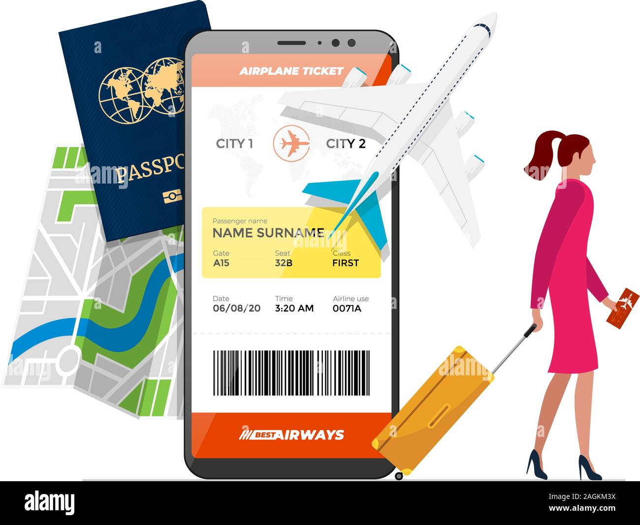 Concetto di servizio di prenotazione di voli online. Donna con bagaglio libro aereo viaggio su smartphone. Prenotazione del sito Web del biglietto aereo o dell'app mobile. Mappa di pianificazione del viaggio e illustrazione del vettore del passaporto Illustrazione Vettoriale