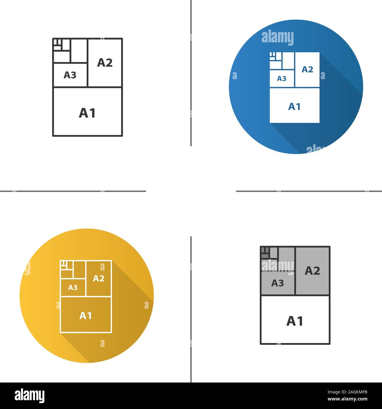 Le dimensioni della carta e la relativa icona. Foglio di carta formati.  A3,A1,A2. Design piatto, lineare e stili colore. Isolato illustrazioni  vettoriali Immagine e Vettoriale - Alamy