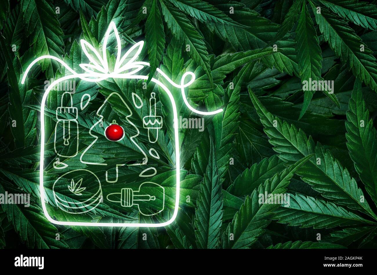 Creative Natale fluorescente layout di sfondo da foglie di canapa, marijuana e una scritta al neon dono. Lay piatto Foto Stock