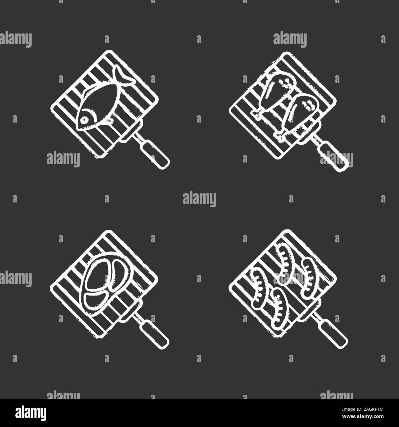 Barbecue chalk set di icone. Il barbecue. Griglie a mano con pesce, pollo Cosce di pollo disossate, bistecca di carne e salsicce. Vettore isolato illustrazioni della lavagna Illustrazione Vettoriale