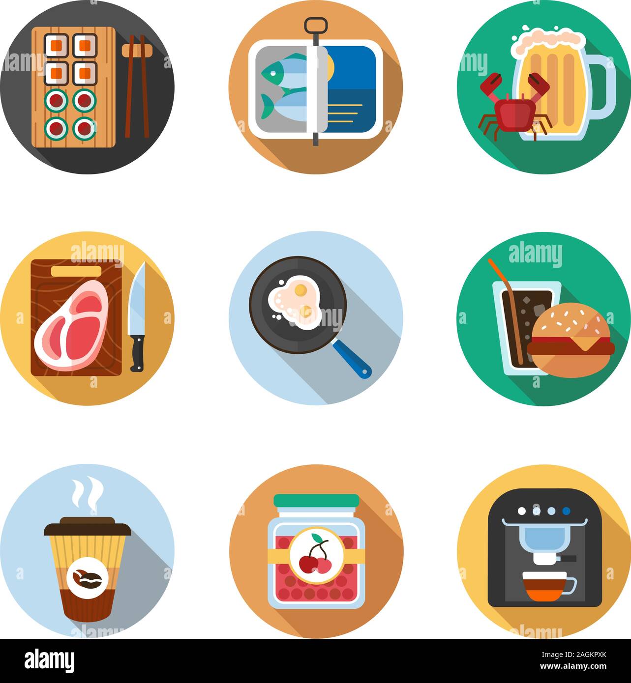 Food design piatto lungo ombra le icone a colori set. Il Sushi, spratti, tagliati bistecca, uova fritte, soda e burger, caffè per andare, confettura di ciliegie, macchina per il caffè. Vect Illustrazione Vettoriale