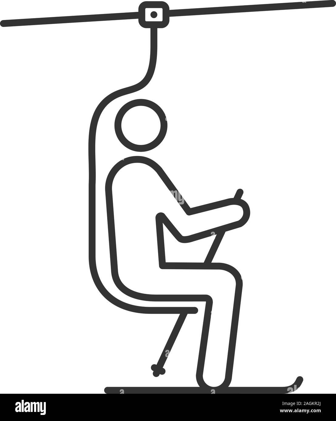 Seggiovia di sci con sciatore icona lineare. Linea sottile illustrazione. La funicolare. Elevatore di sci. Simbolo di contorno. Il vettore isolato disegno di contorno Illustrazione Vettoriale