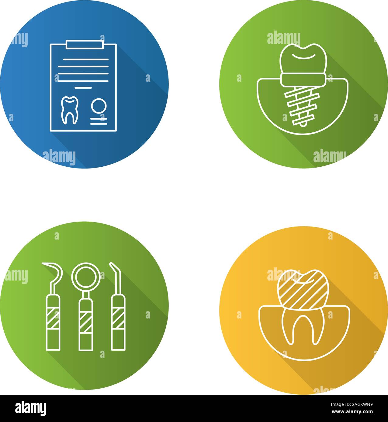 Odontoiatria lineare piana lunga ombra set di icone. Stomatologia. Report diagnostico, dente impianto e corona, strumenti odontoiatrici. Vettore illustrazione di contorno Illustrazione Vettoriale