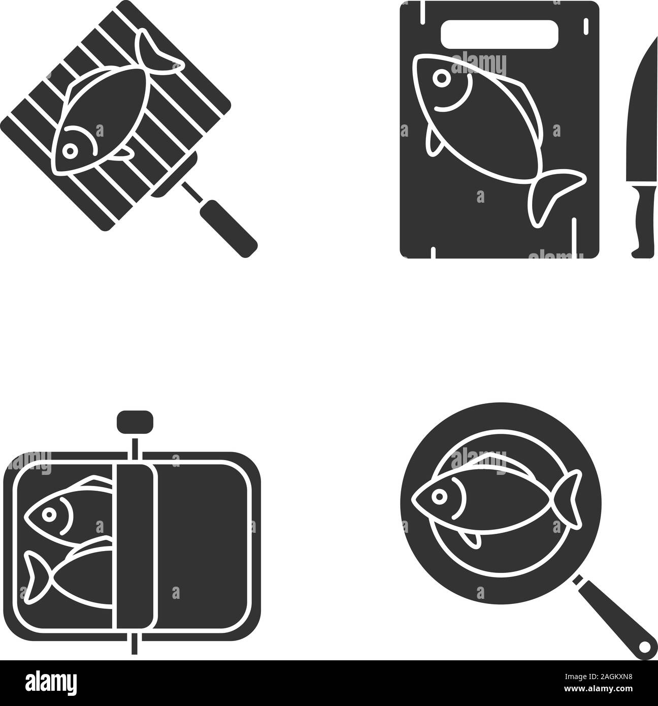 Preparazione di pesce glifo set di icone. Conserve, fritto, tagliato e grigliate di pesce. Simboli di Silhouette. Vettore illustrazione isolato Illustrazione Vettoriale