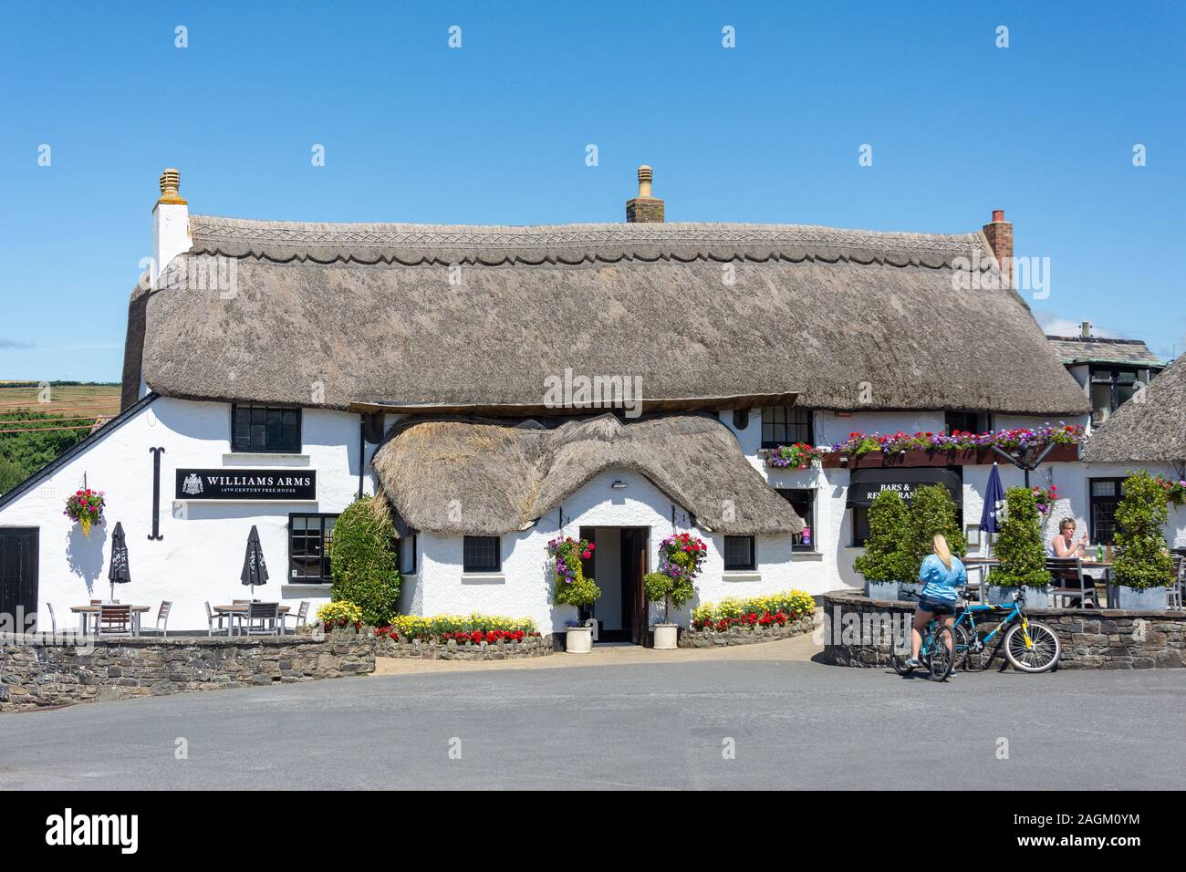 Xvi secolo con tetto di paglia di Williams Arms Pub, Wrafton Road, Braunton, Devon, Inghilterra, Regno Unito Foto Stock