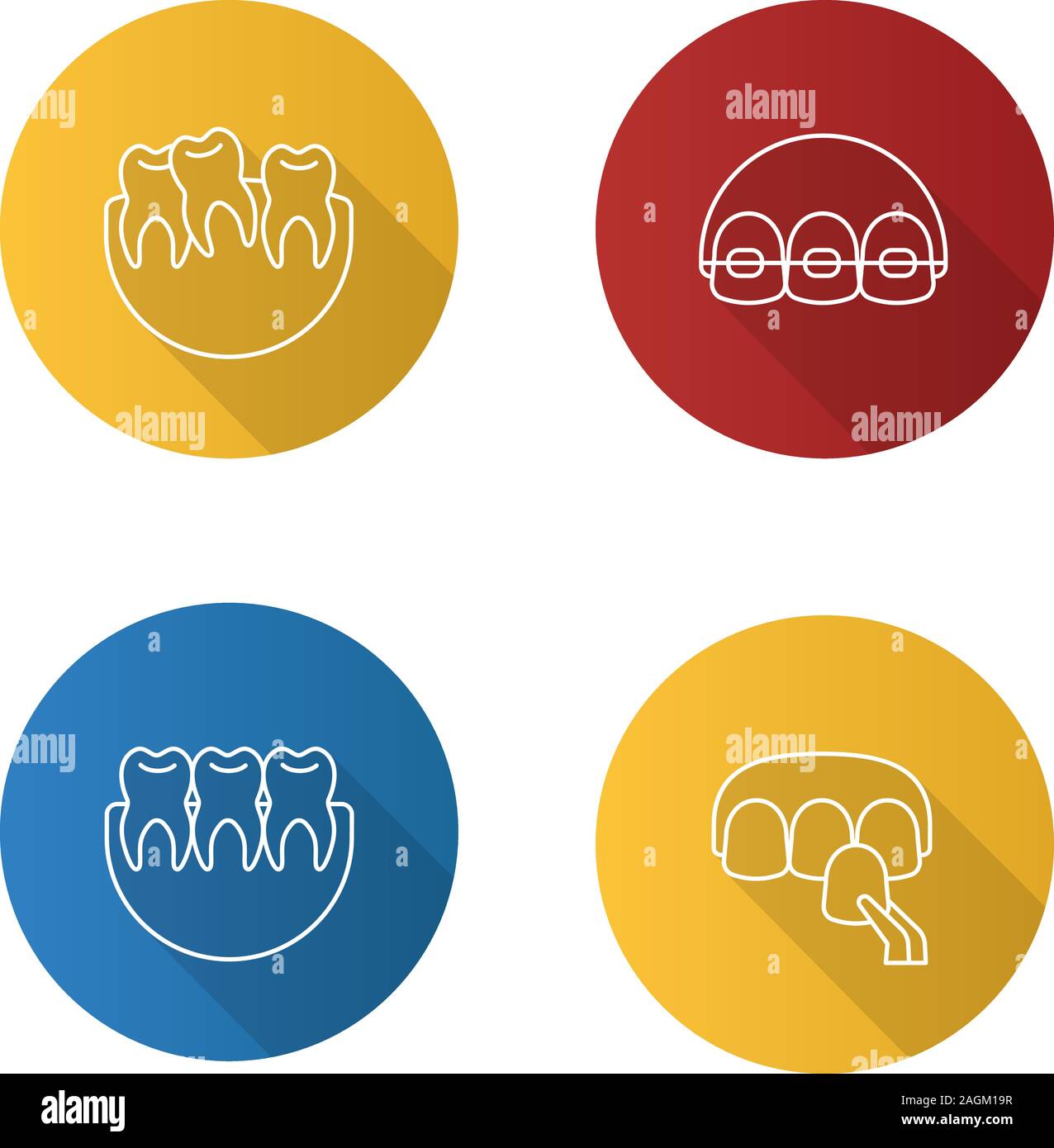 Odontoiatria lineare piana lunga ombra set di icone. Stomatologia. Crooked e denti sani, bretelle dentale, impiallacciatura. Vettore illustrazione di contorno Illustrazione Vettoriale