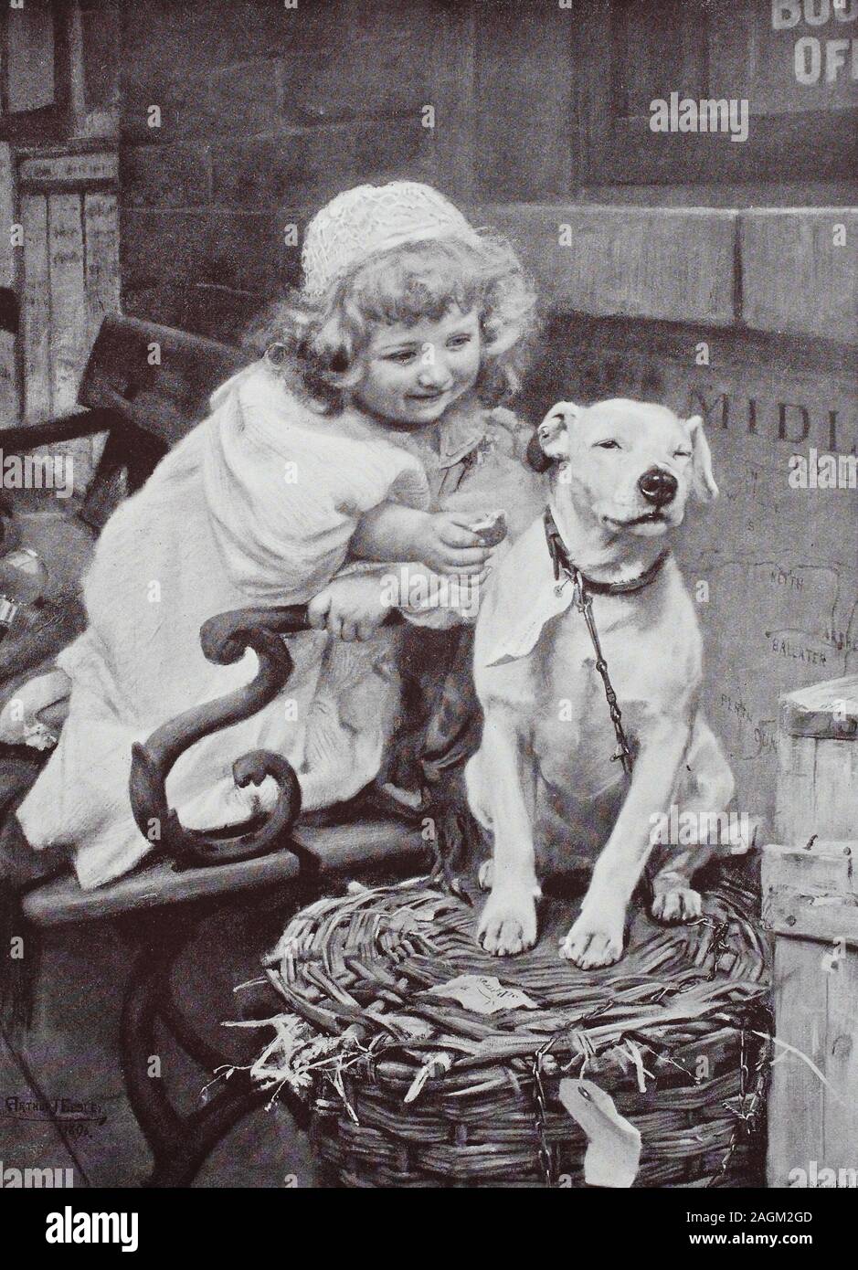 Bambina dà il cane domestico un biscotto, stampa originale a partire dall'anno 1899, kleines Mädchen gibt dem einen Haushund della Keks, Reproduktion einer Originalvorlage aus dem 19. Jahrhundert, digital verbessert Foto Stock