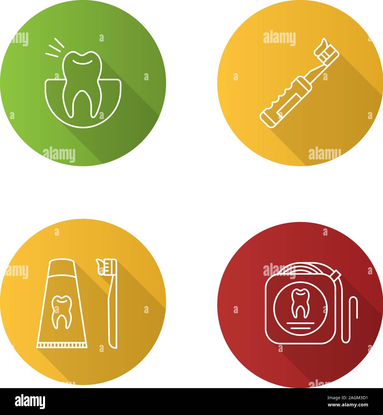 Odontoiatria lineare piana lunga ombra set di icone. Stomatologia. Mal di denti, spazzolino elettrico da denti con dentifricio, dentifricio, filo interdentale. Profilo di vettore malato Illustrazione Vettoriale