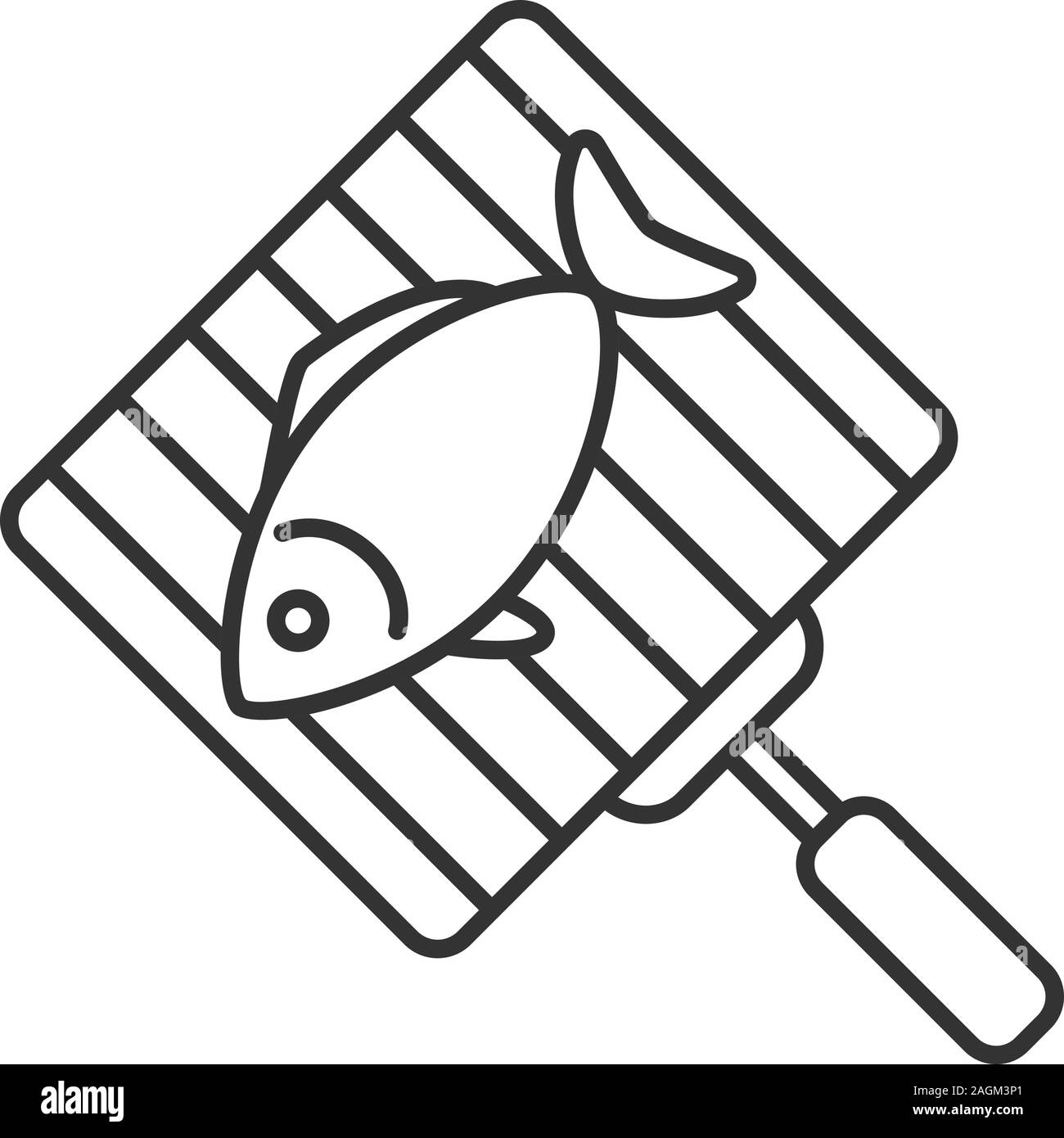 Grill a mano con salmone pesce icona lineare. Barbecue griglia. Linea sottile illustrazione. Cesto per grigliare con pesce bistecca. Simbolo di contorno. Vettore drawi isolato Illustrazione Vettoriale