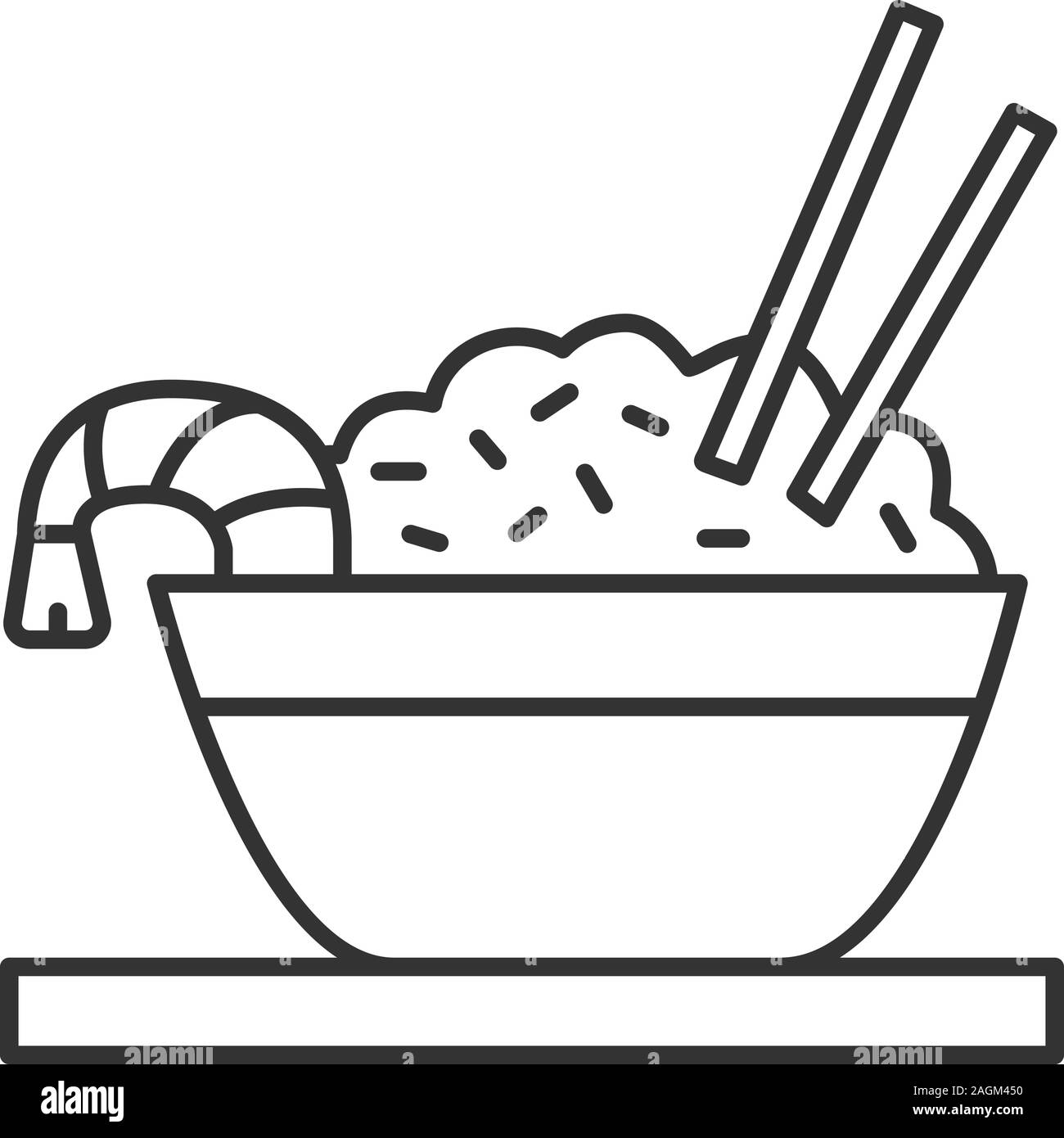 Riso con gamberetti icona lineare. Linea sottile illustrazione. Cinese riso fritto in un recipiente e bacchette. Simbolo di contorno. Il vettore isolato disegno di contorno Illustrazione Vettoriale
