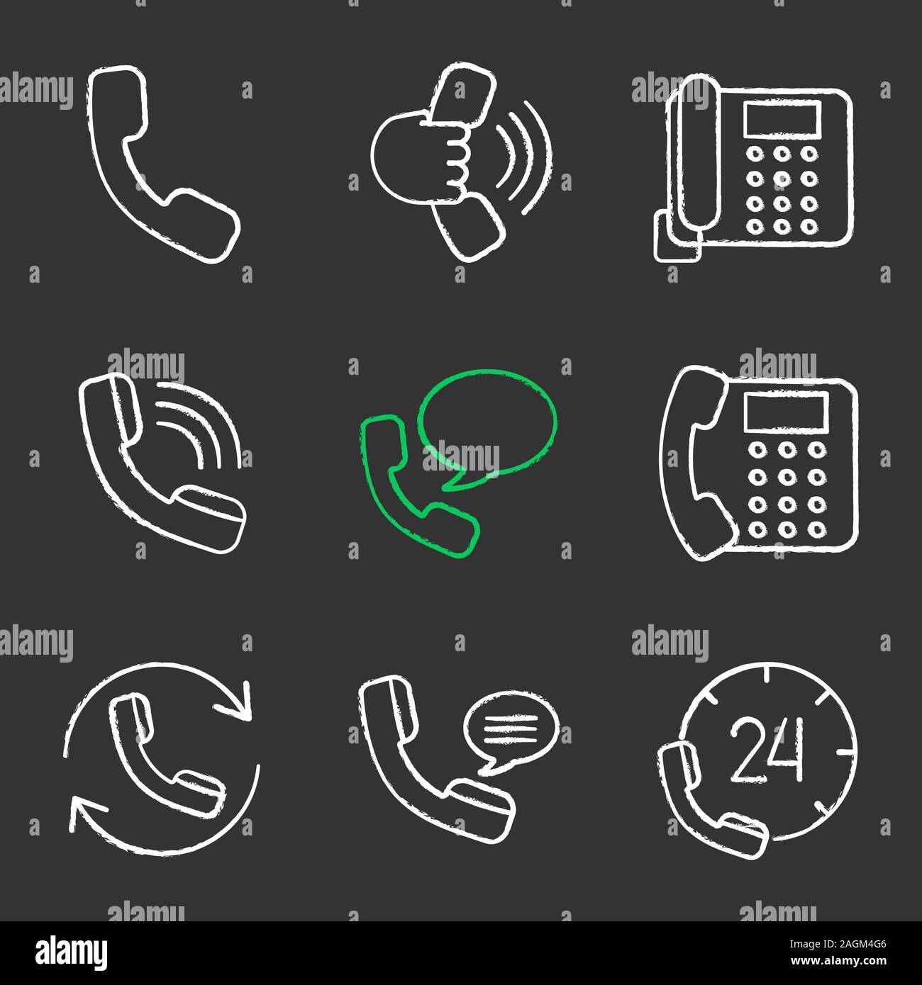 La comunicazione telefonica chalk set di icone. Ricevitore, la chiamata in entrata, telefono fisso, messaggio vocale, call back, hotline. Vettore isolato illustratio lavagna Illustrazione Vettoriale