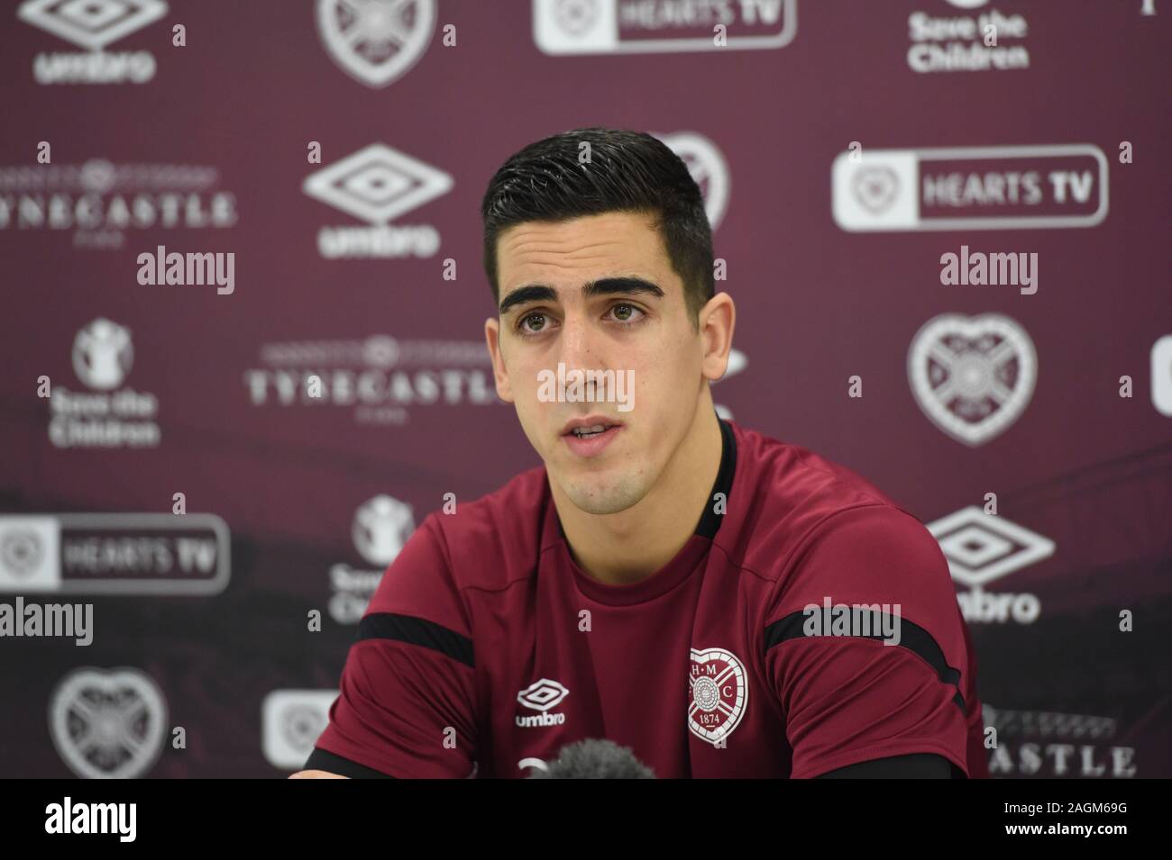 Oriam Sport Performance Centre Riccarton, Edimburgo, Scozia, Regno Unito. Xx Dicembre, 2019. , . Cuori keeper Joel Pereira conferenza stampa di Premiership scozzese match vs Hamilton. Credito: eric mccowat/Alamy Live News Foto Stock