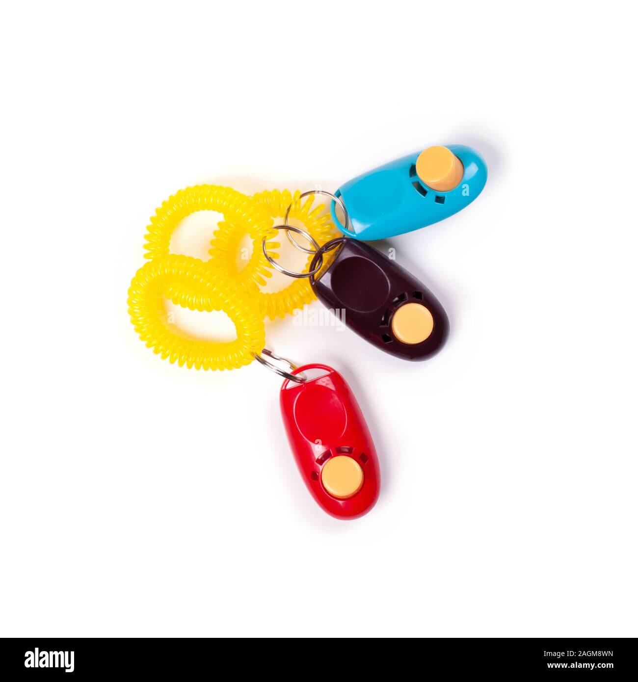 Alcuni clickers colorati per il traning cane con stimolazione di ricompensa. Lay piatto. Posto per il testo. Foto Stock