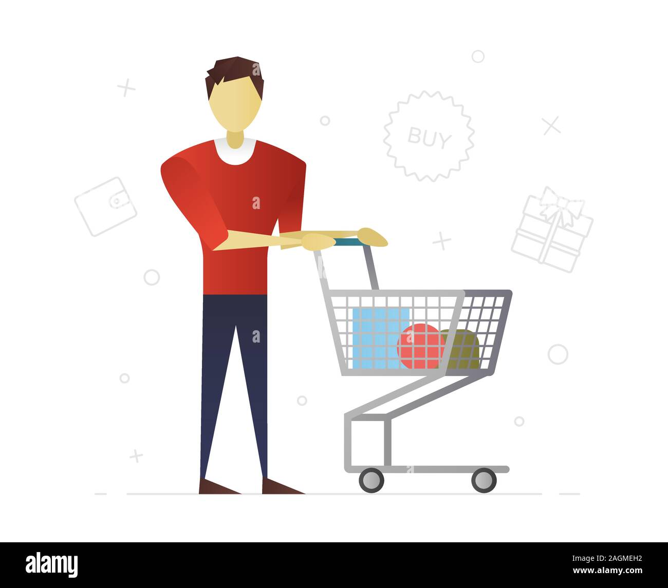 Piatto del consumatore character design. Facendo acquisti. Uomo con carrello. Vettore illustrazione isolato Illustrazione Vettoriale