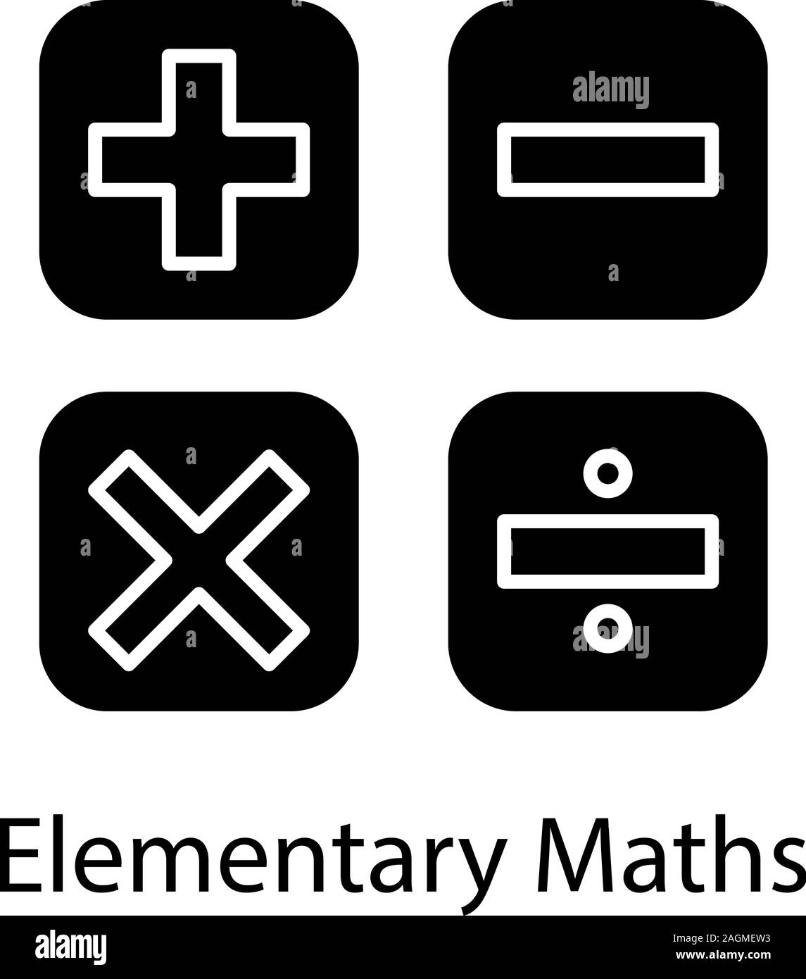 Matematica simboli icona glyph. Il calcolo. Matematica elementari. Più, Meno, moltiplicare, dividere. Simbolo di Silhouette. Lo spazio negativo. Il vettore isolato illus Illustrazione Vettoriale