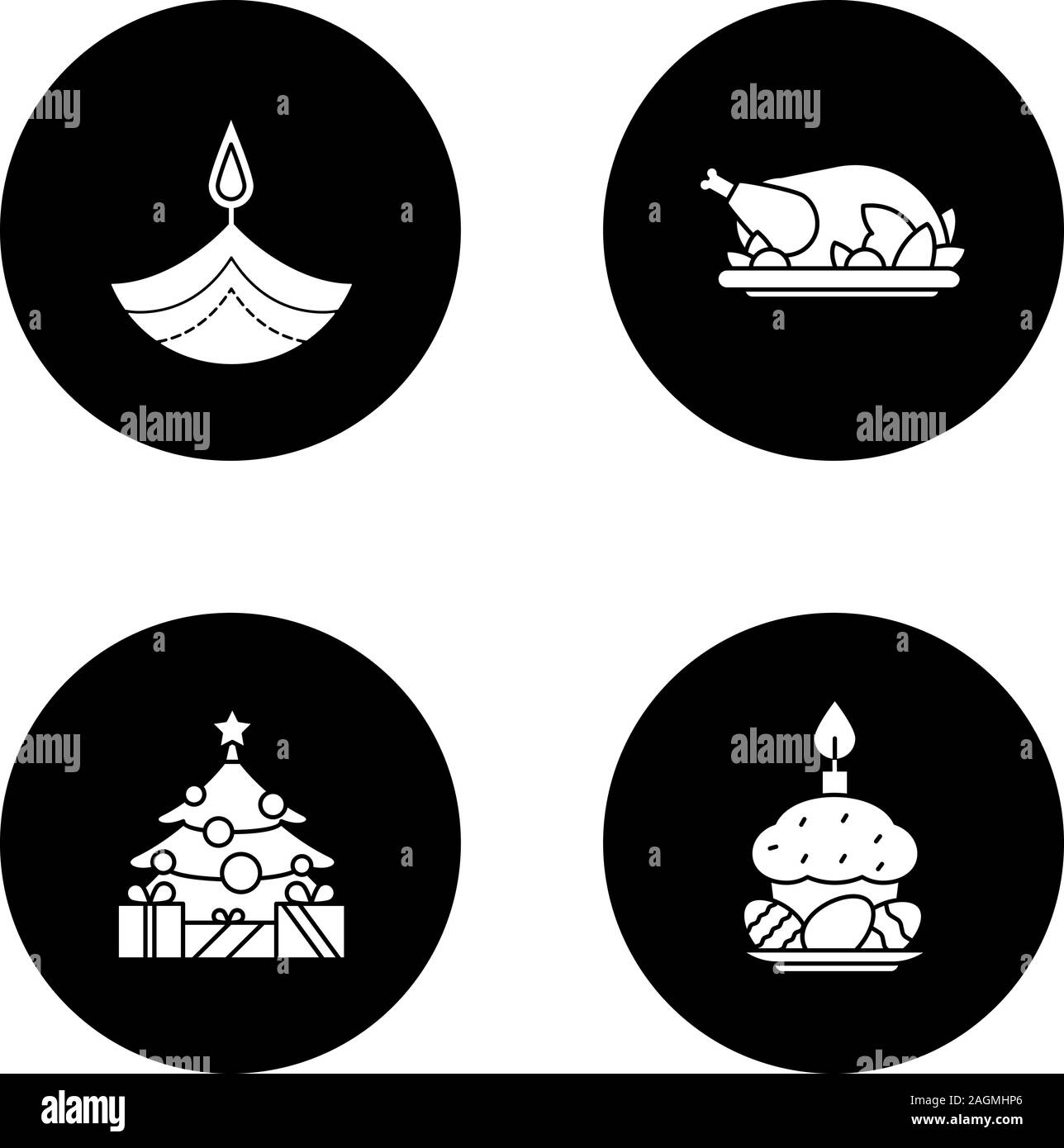 Vacanze a glifo set di icone. Diwali, la Giornata del Ringraziamento, Capodanno, Pasqua. Vettore silhouette bianca illustrazioni di cerchi neri Illustrazione Vettoriale