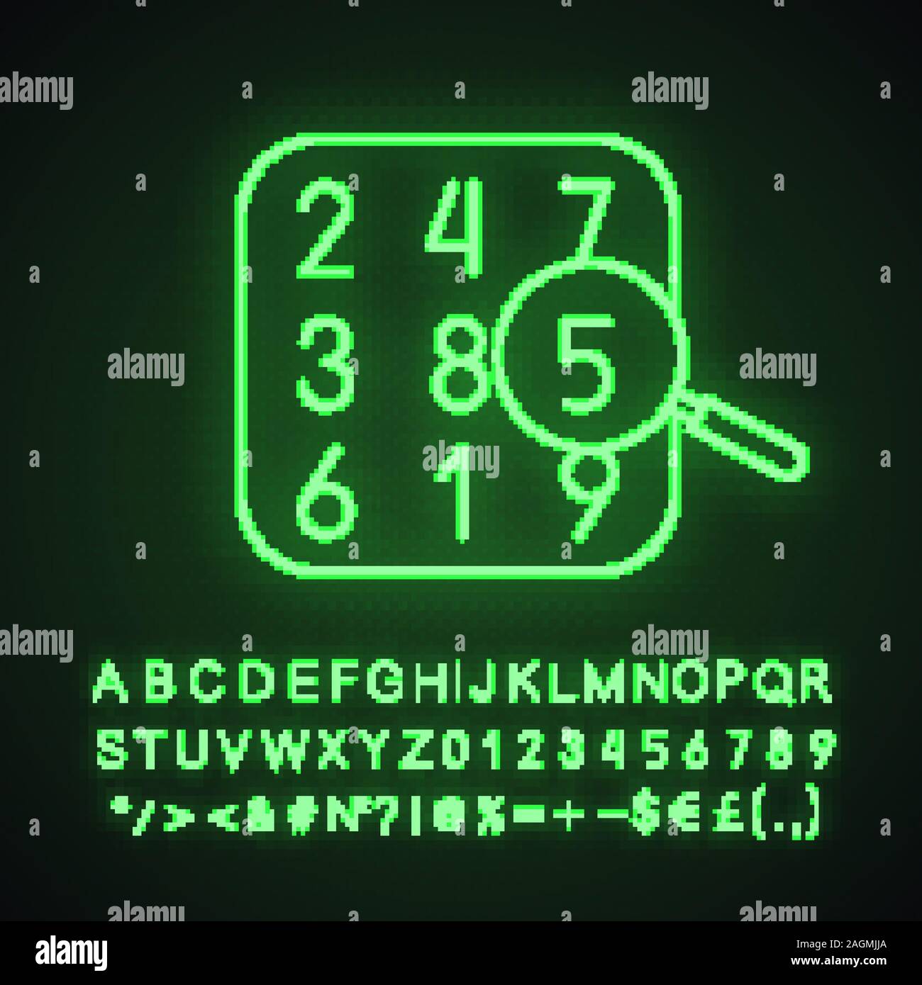 Teoria dei numeri di luce al neon icona. Aritmetica. Numero di apprendimento e conteggio. Segno incandescente con alfabeto, numeri e simboli. Vettore illustrazione isolato Illustrazione Vettoriale