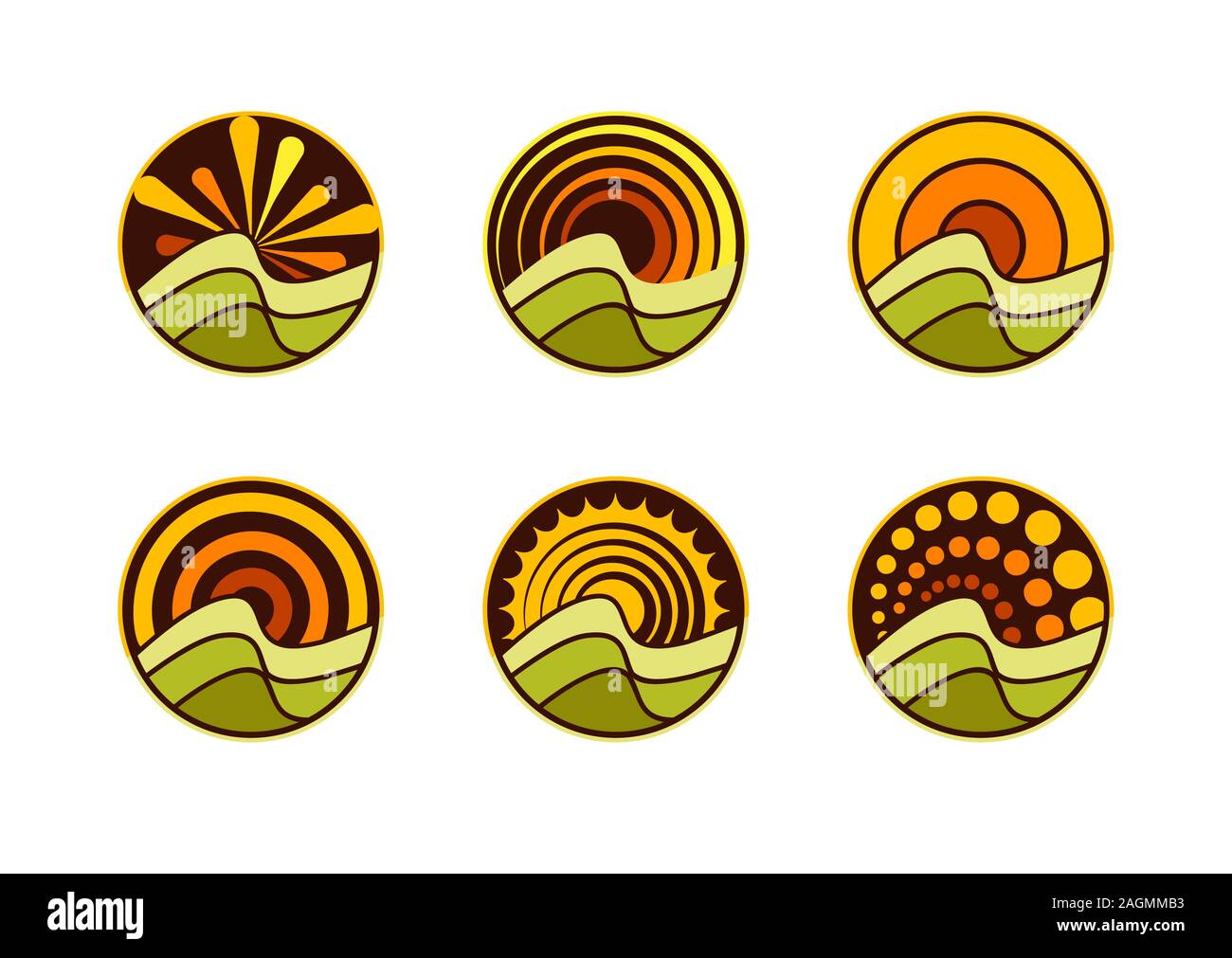 Set di modelli di logo per l'agricoltura. Campo verde e sunrise, logo rotondo, emblema di ecologia e natura Illustrazione Vettoriale