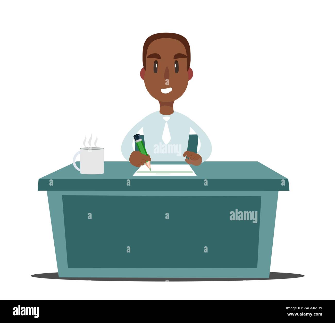 Un nero americano africano imprenditore o persona addetta a lavorare a una scrivania in ufficio. Illustrazione piatta Illustrazione Vettoriale