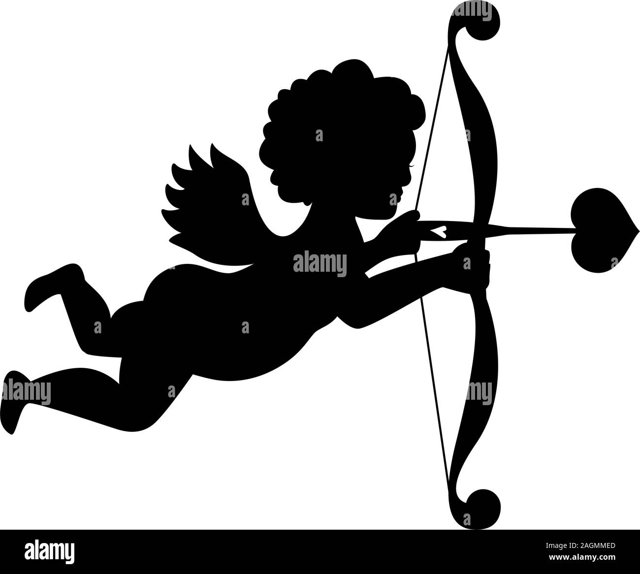Isolato adorabile icona Cupido concetto con archetto, segno del vettore, illustrazione nero su sfondo bianco Illustrazione Vettoriale