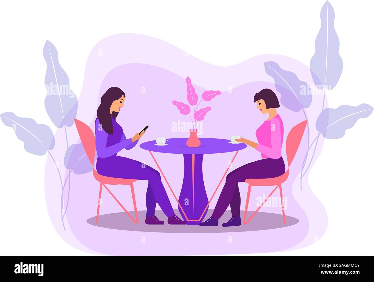 Le ragazze sono seduti a un tavolo in un bar a bere caffè. Le donne in un ristorante, amici di comunicare. Appartamento moderno illustrazione. Vettore Illustrazione Vettoriale
