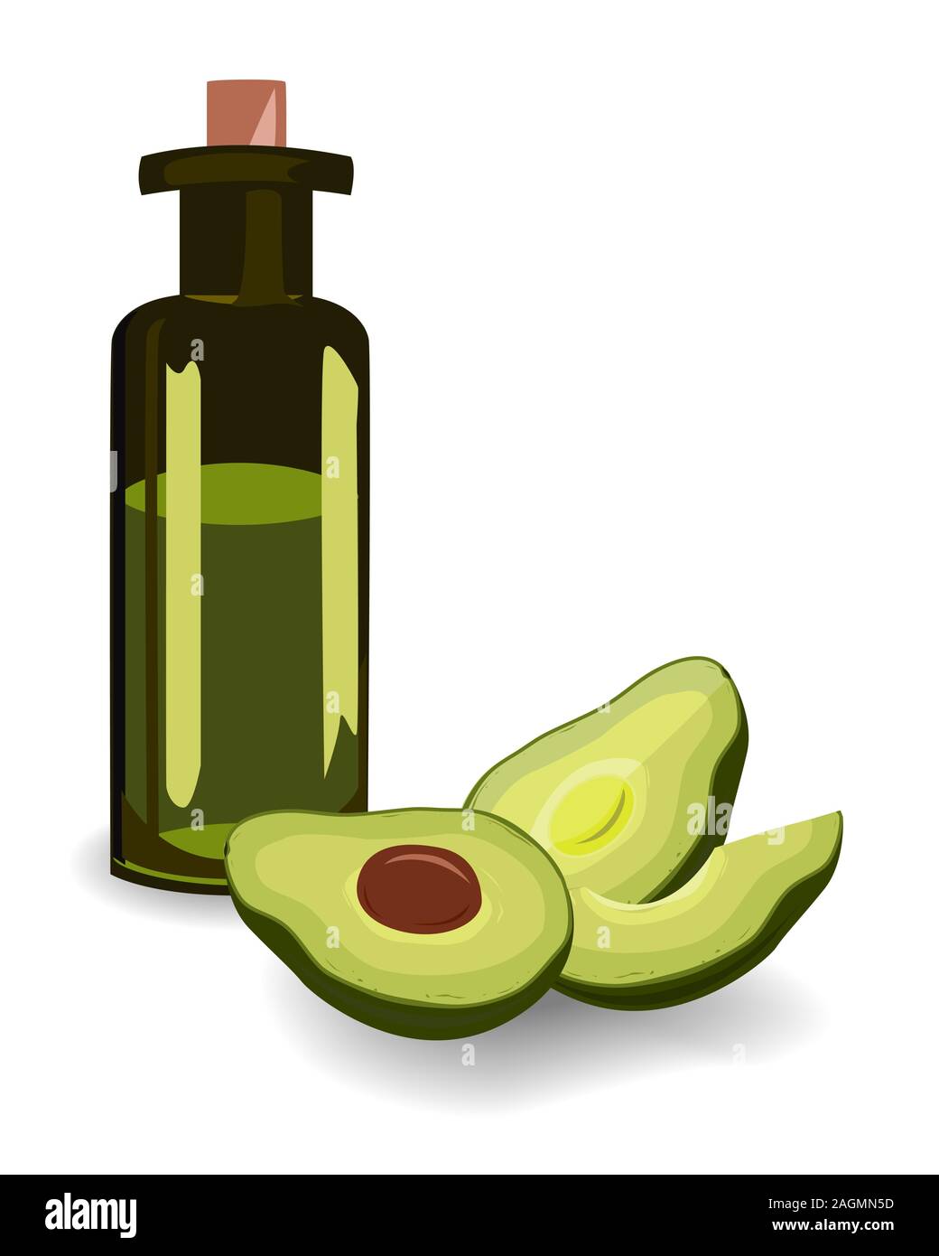 Olio extra vergine di olio di avocado e tagliate a metà avocado su sfondo bianco. Gli elementi di design per il confezionamento o la cottura. Illustrazione Vettoriale Illustrazione Vettoriale