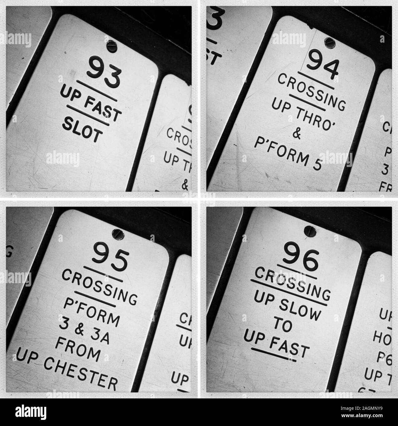 Selezione di leve di scatola di segnale da Crewe, up fast slot, crossing, up lento, up veloce, su Chester, piattaforma, su piattaforme Thro - Crewe, Cheshire, Inghilterra Foto Stock