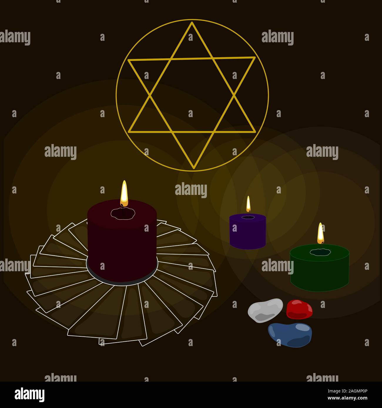 Magia e esoterismo. Fortune-telling su rune e mappe .candele, pietre, Pentacles. Libro del destino. Buio, misterioso . vettore. Illustrazione Vettoriale