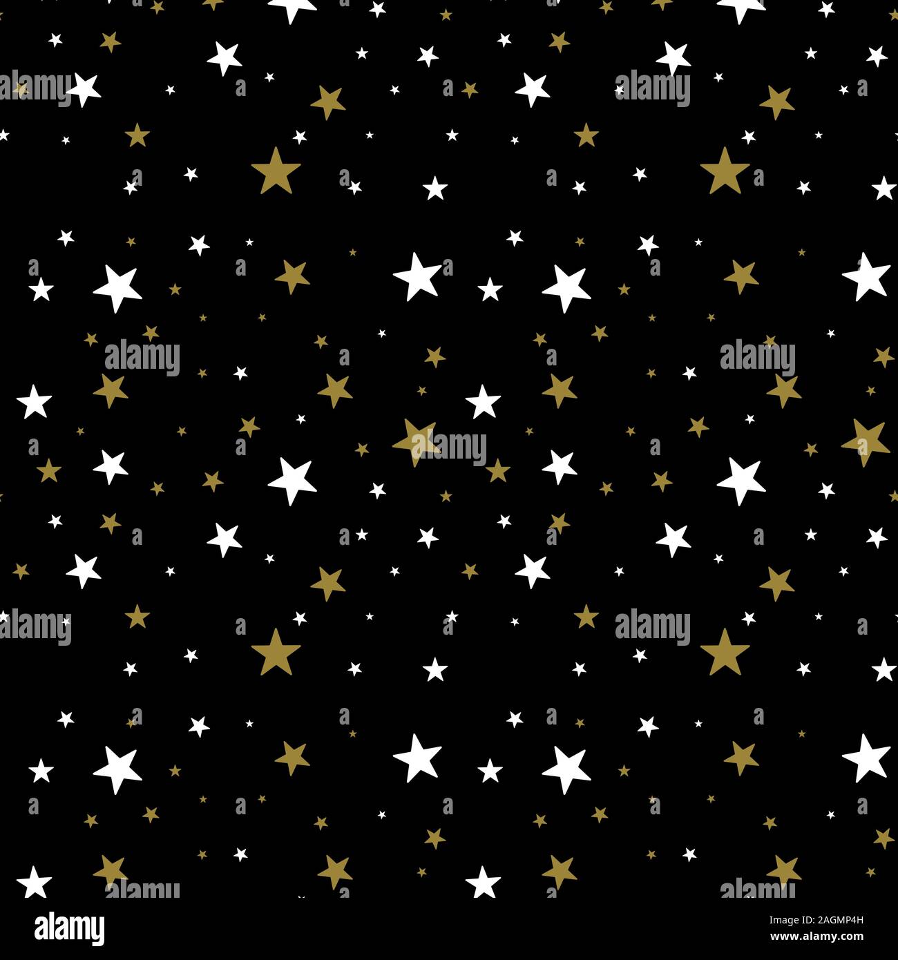 Dark seamless pattern con oro e stelle bianche su sfondo nero. Cielo notturno sullo sfondo. Illustrazione Vettoriale. Illustrazione Vettoriale
