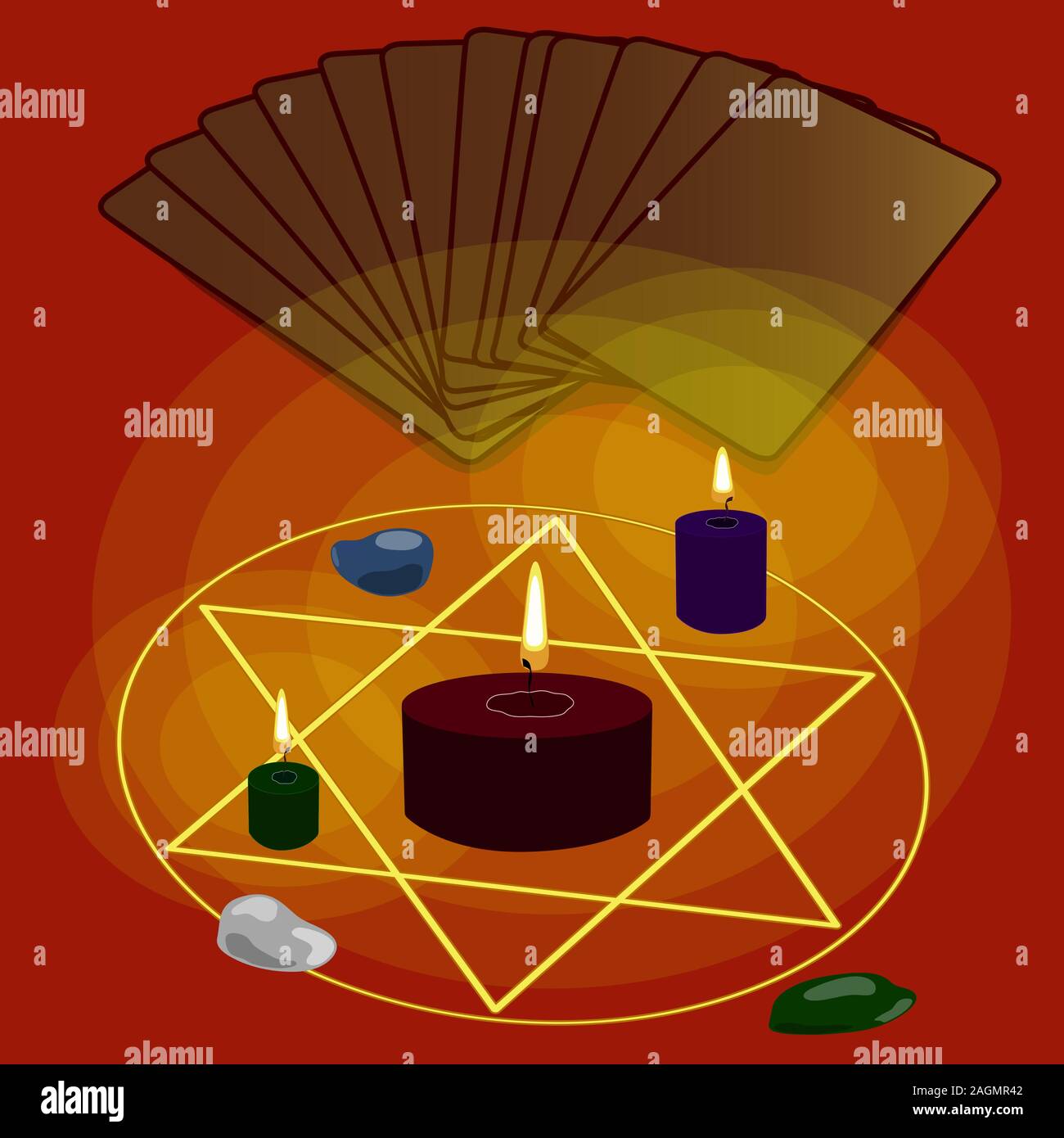 Magia e esoterismo. Fortune-telling su rune e mappe .candele, pietre, Pentacles. Libro del destino. Buio, misterioso . vettore. Illustrazione Vettoriale