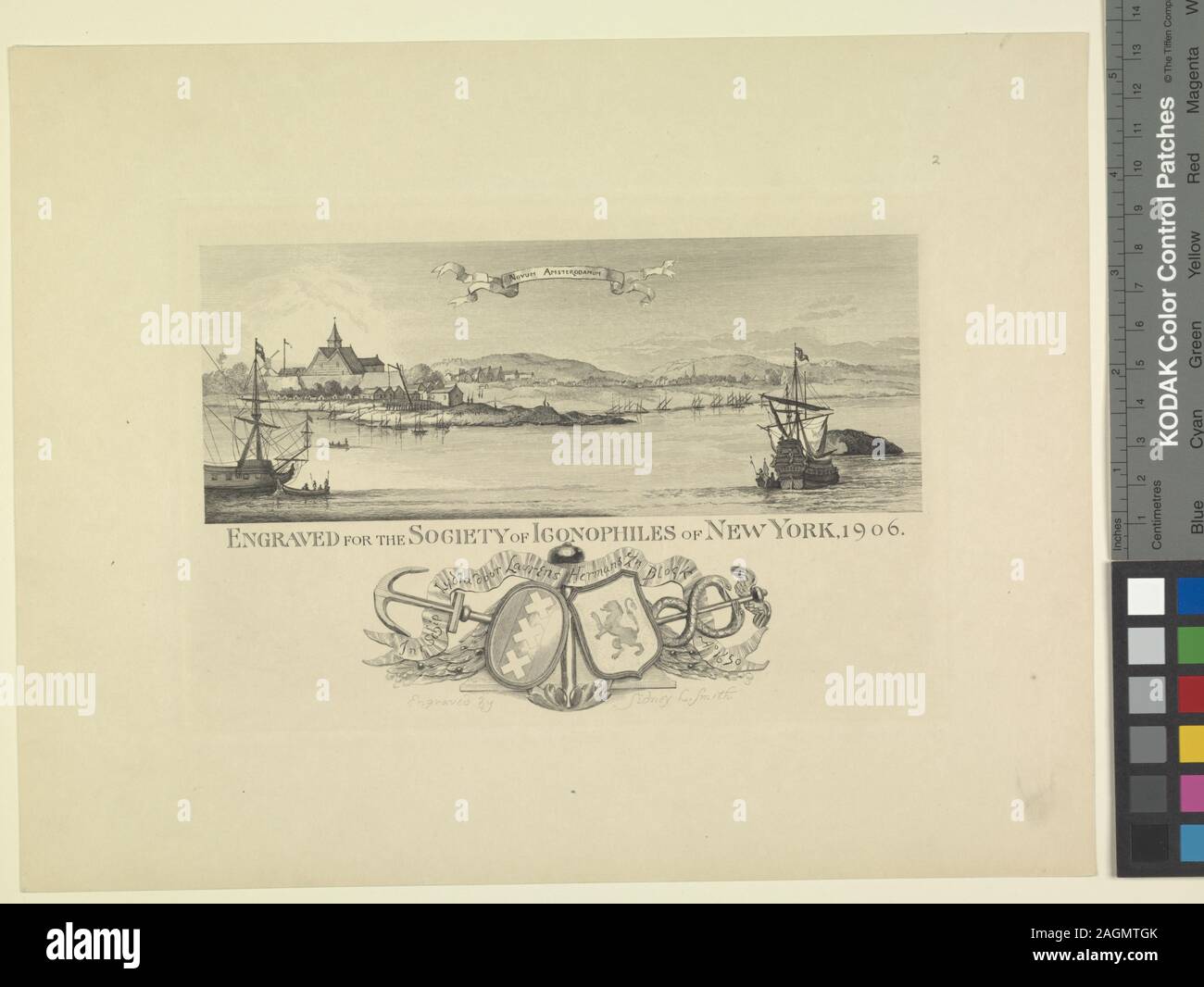 Di seguito, stemma, con in t Schip Lydia Laurens porta blocco HermansZn Ao. 1650. Sul coperchio: incisi da un originale in possesso della New York Historical Society.--l'Eno raccolta di vedute di New York City da Frank Weitenkampf, L.H.D. 100 impressioni, piastra annullato.--nota allegata a mat Citazione/Riferimento: ENO 2; Novum Amsterodamum Foto Stock