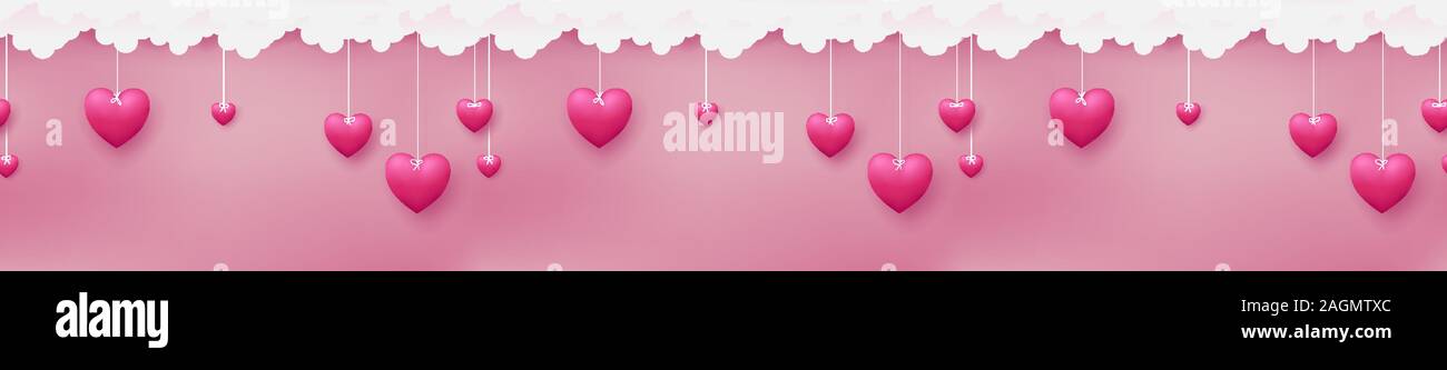 Senza giunture orizzontali è costituito da cuori rosa sono appesi mediante carta artigianale nuvole pastello su sfondo rosa Illustrazione Vettoriale