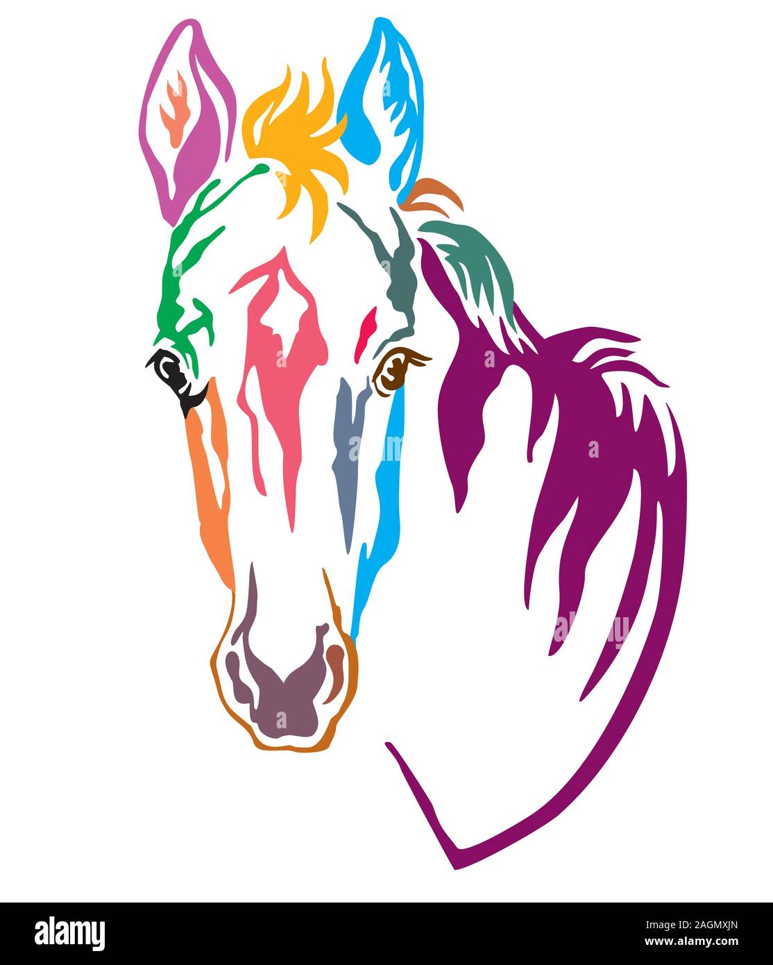 Colorato contorno decorativo ritratto di pretty puledro, illustrazione vettoriale in colori diversi isolati su sfondo bianco. Immagine del logo, design e Illustrazione Vettoriale