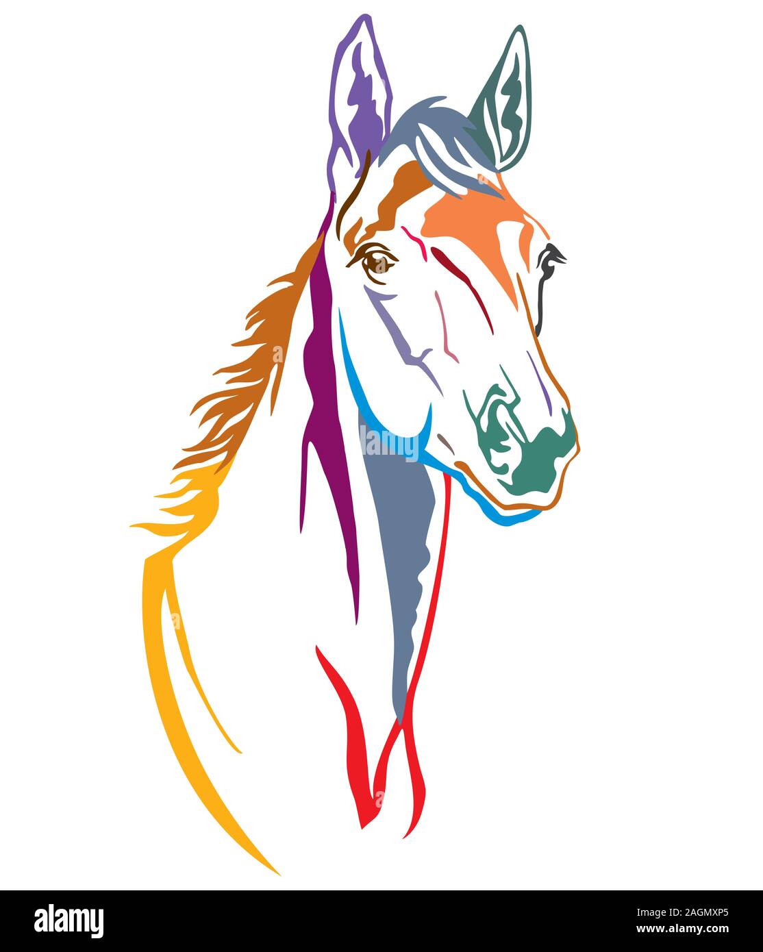 Colorato contorno decorativo ritratto della bella puledro, illustrazione vettoriale in colori diversi isolati su sfondo bianco. Immagine per il logo, la progettazione di un Illustrazione Vettoriale