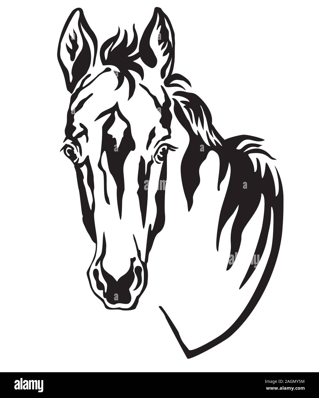 Decorativo contorno monocromatica ritratto di pretty puledro, illustrazione vettoriale in colore nero isolato su sfondo bianco. Immagine del logo, design e tat Illustrazione Vettoriale