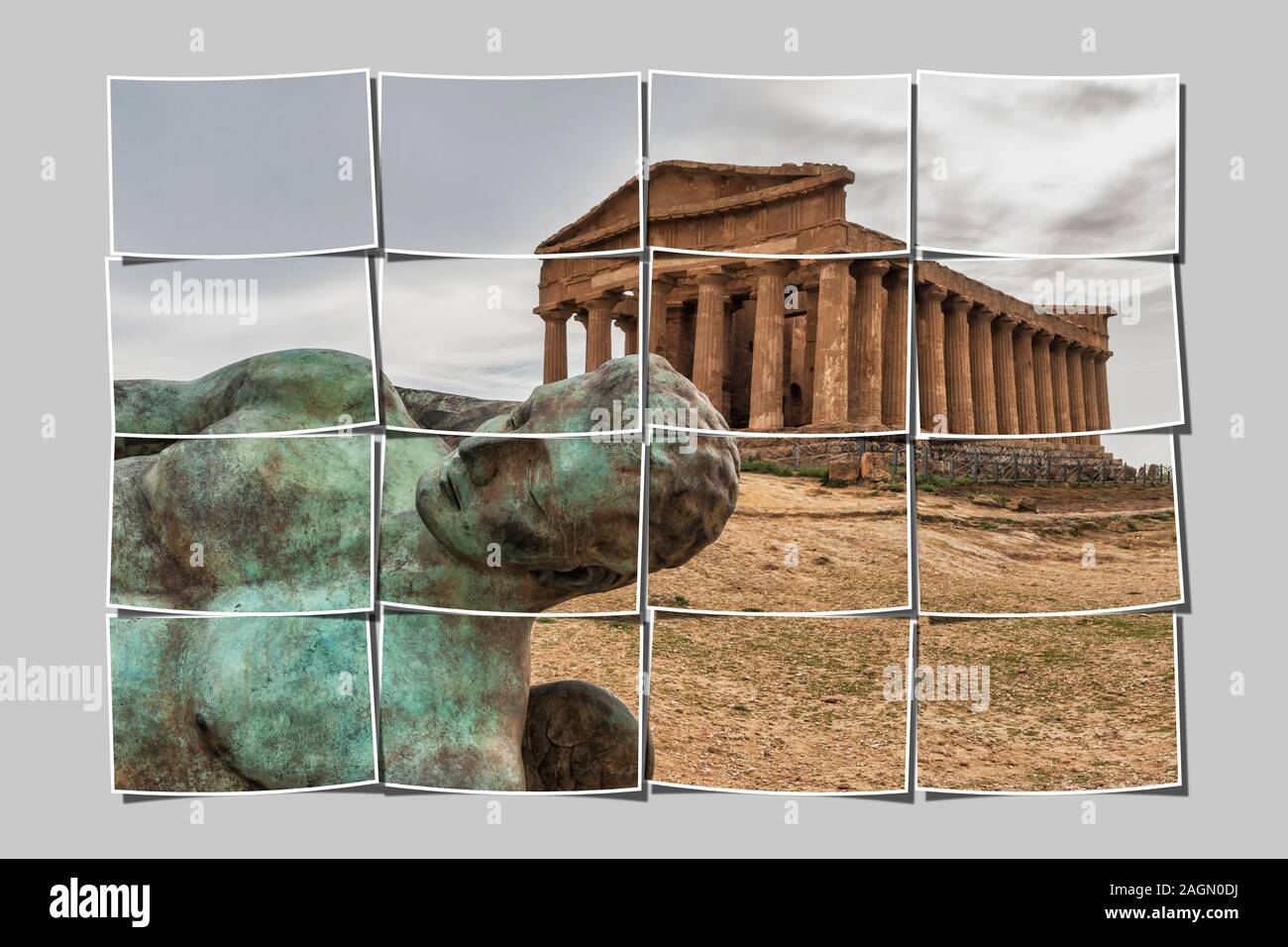 Il Tempio della Concordia è stato costruito circa 440 a 430 BC. In primo piano si trova la statua di Icaro caduto, Agrigento, Sicilia, Italia, Europa Foto Stock