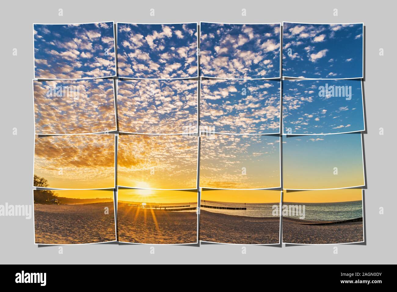16 piccole immagini danno una grande immagine.il tramonto sulla spiaggia del Mar Baltico in Kolobrzeg, la Pomerania Occidentale, Polonia, Europa Foto Stock