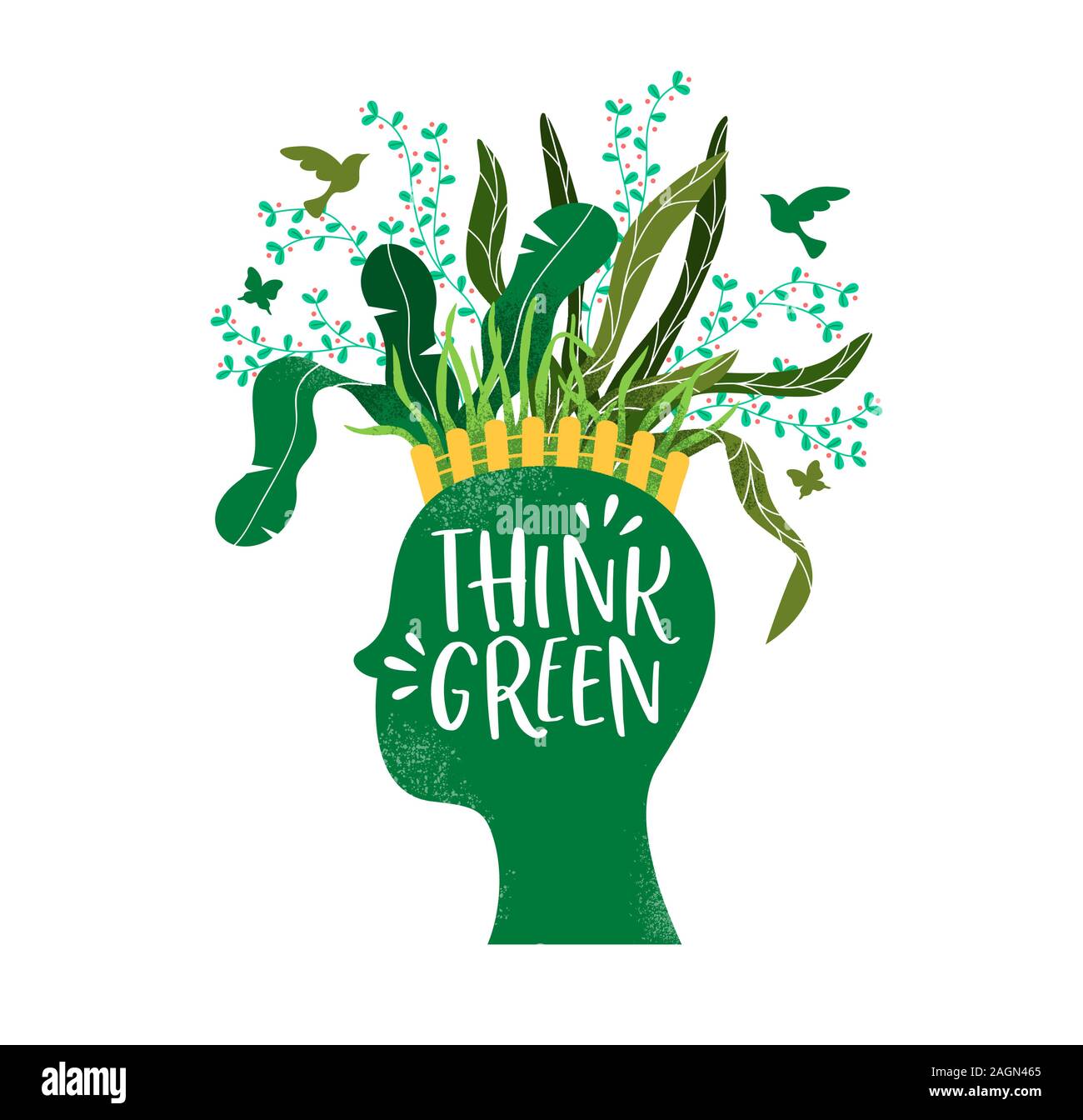 Pensare verde eco friendly concetto di testa umana con profilo naturale giardino di piante e di animali selvatici. Disegnata a mano cura per l ambiente illustrazione a isolare Illustrazione Vettoriale