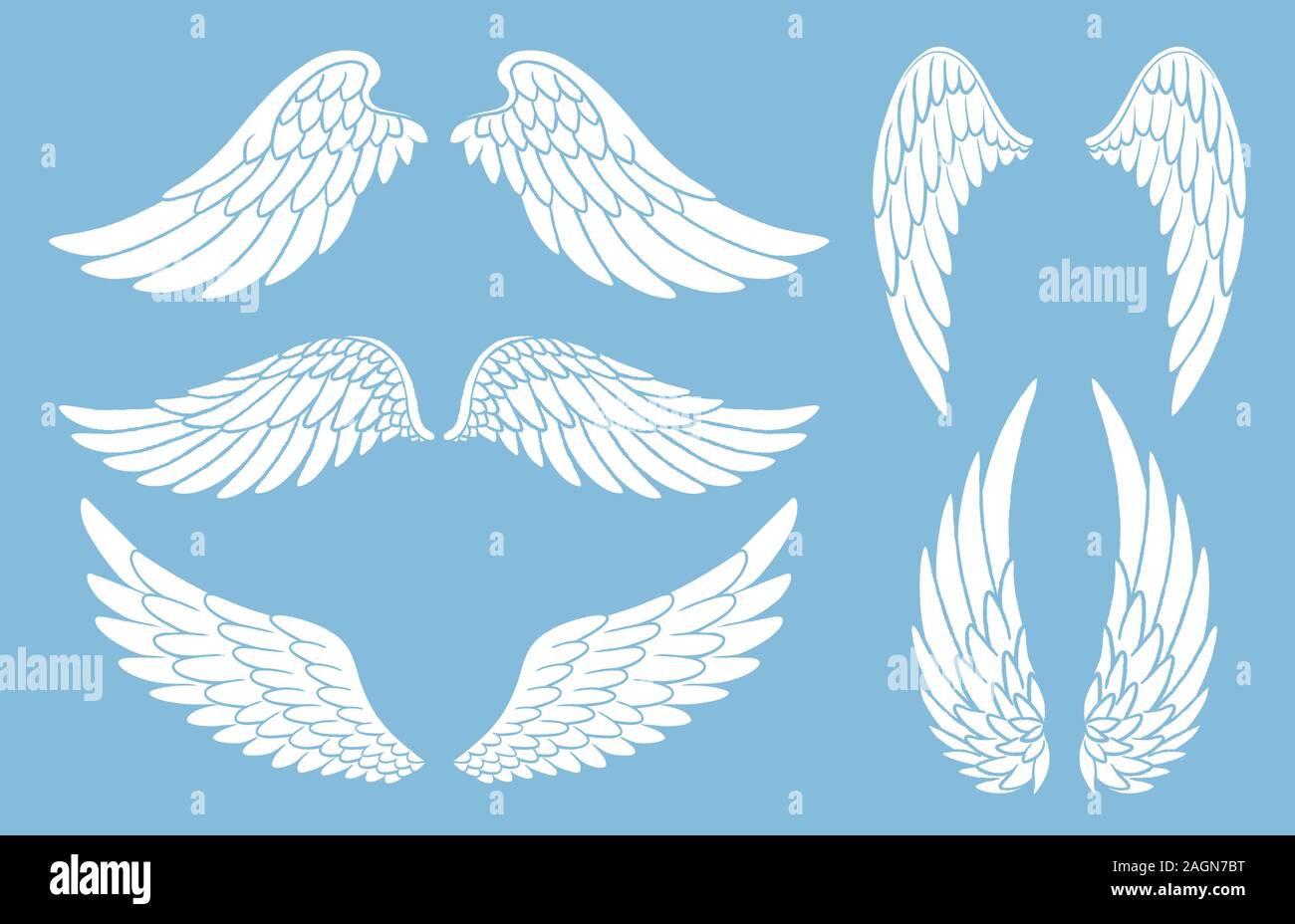 Set di ali di uccello o di angelo disegnate a mano di forma diversa in posizione aperta. Set di silhouette bianche con ali a poodle. Illustrazione Vettoriale