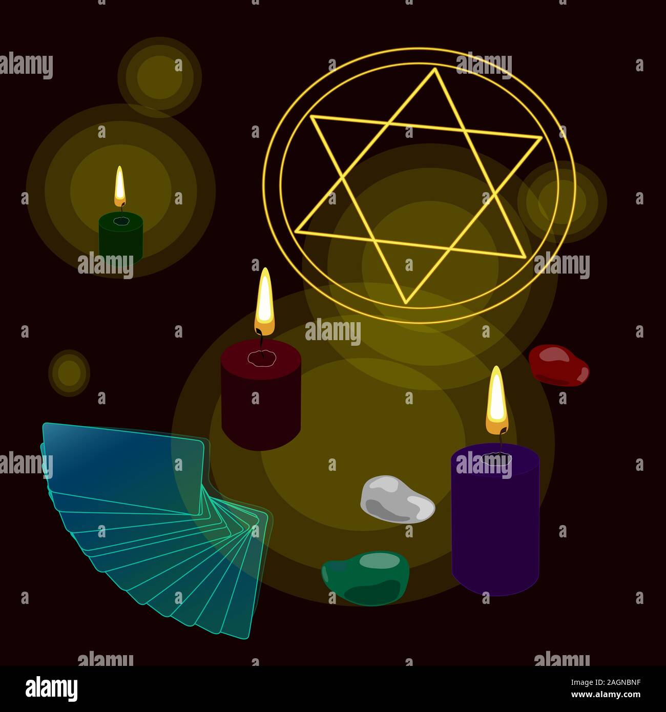 Magia e esoterismo. Fortune-telling su rune e mappe .candele, pietre, Pentacles. Libro del destino. Buio, misterioso . vettore. Illustrazione Vettoriale