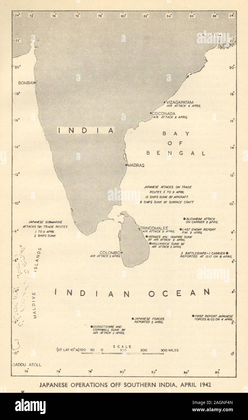 Oceano Indiano Raid Aprile 1942. Operazioni di giapponese. Guerra mondiale 2. Ceylon 1954 mappa Foto Stock