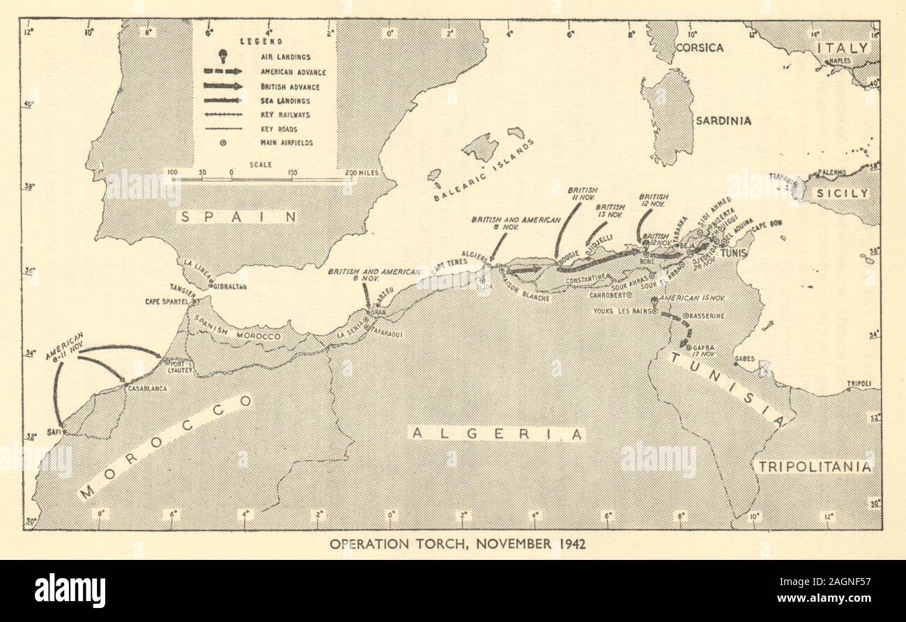 Operazione Torch Novembre 1942. Guerra Mondiale 2 Marocco Algeria Nord Africa 1954 mappa Foto Stock