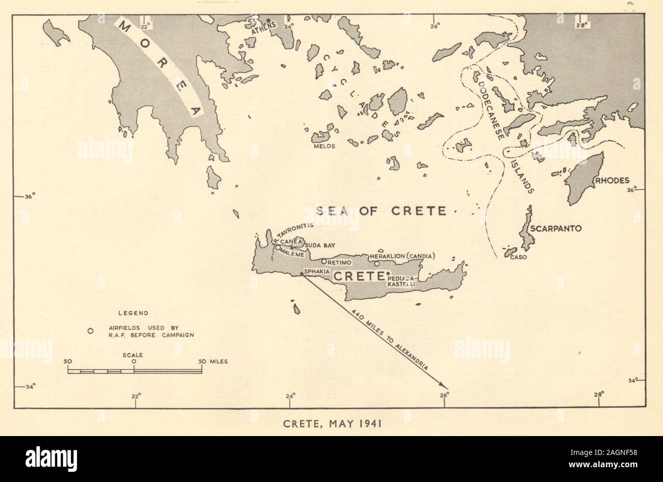 Creta, maggio 1941. Guerra mondiale 2. Royal Air Force aerodromi. Grecia 1953 mappa vecchia Foto Stock