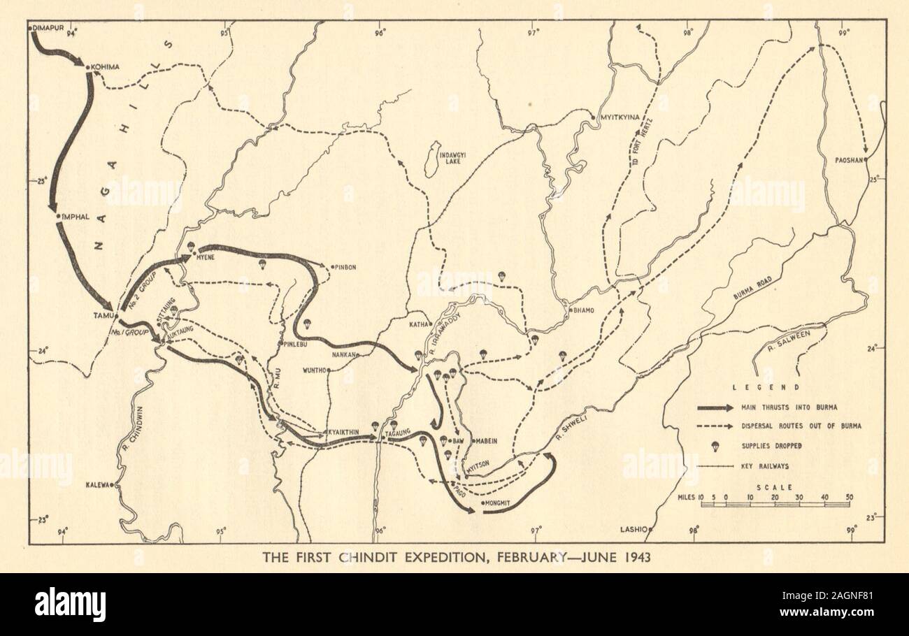 1° Chindit Expedition, February-June 1943. Guerra mondiale 2. La Birmania Myanmar 1954 mappa Foto Stock