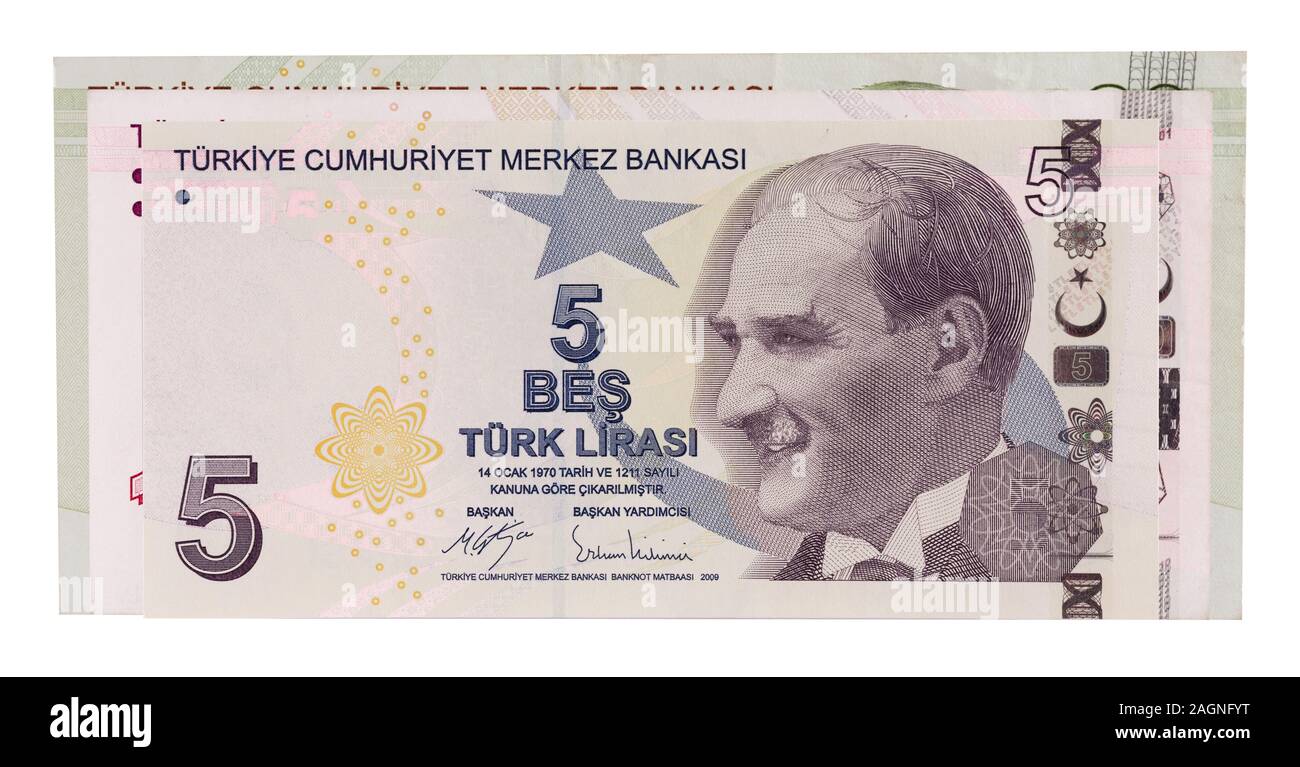 Alcune delle banconote in turco. 5 Lira turca sul lato anteriore, altre monete in background Foto Stock
