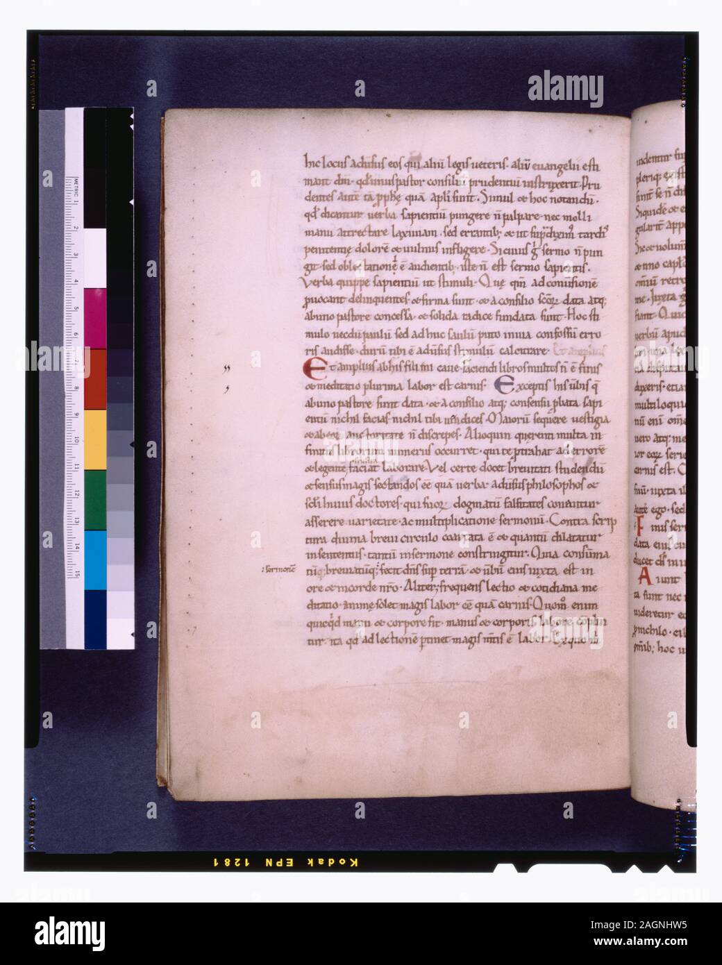 Elencati in de Ricci, Seymour, il censimento di medievale e rinascimentale, manoscritti negli Stati Uniti e in Canada. New York. N.Y.: H.W. Wilson, 1935; e il supplemento, New York, N.Y.: Società Bibliografica dell'America, 1962. Proprietà : Monastero di Saint-Martin di Tournai; comprato 1897 da G. Dunn; la sua vendita (1913) da Leighton. Ottenuto da Wilberforce Eames per la sua biblioteca (Brooklyn, NY) da W. M. Voynich. Dal lascito di Eames nel 1940. De Ricci, 2313. De Ricci, Supplemento, 329. Grafico dal dottor G.B. Valutazione. 29 linee lunghe, governato in puntasecca, prickings visibile. Al di sopra della linea superiore. Alcuni portafogli (23 e 39 f Foto Stock