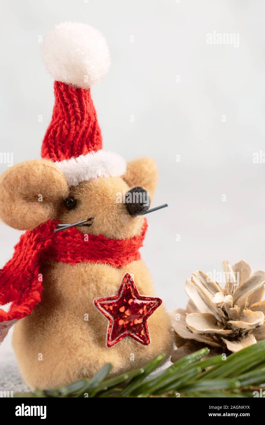 Little toy Christmas Mouse, albero di Natale ramo e il cono. Verticale composizione di Natale con il simbolo del 2020 secondo l'oroscopo cinese Foto Stock