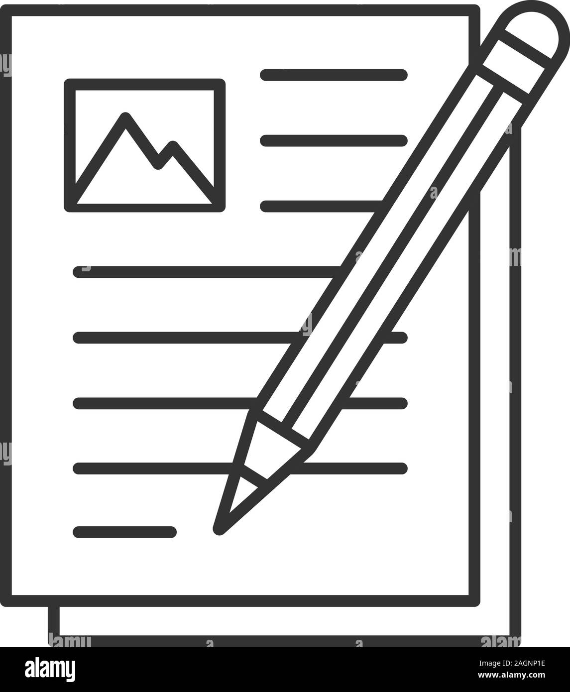 La scrittura di saggio icona lineare. Linea sottile illustrazione. La digitazione del testo. Documento con matita. Simbolo di contorno. Il vettore isolato disegno di contorno Illustrazione Vettoriale